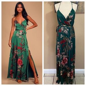 Lulus Still the One Emerald Green Floral Print Satin Maxi Dress